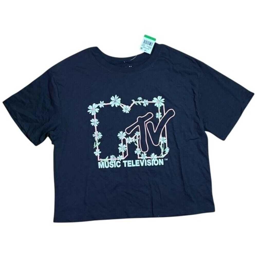 MTV Graphic Crop Tee Black Love Tribe Music Television T Shirt Womens Large